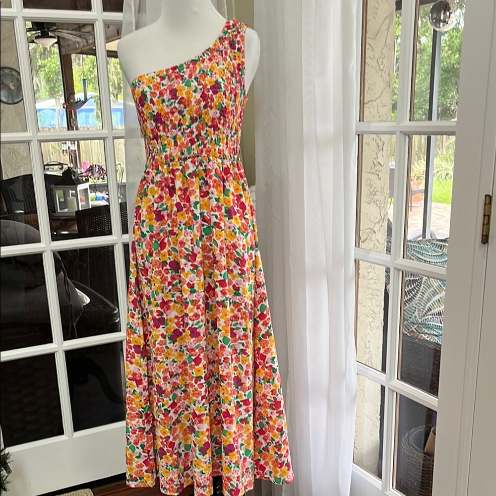 Multi colored One Shoulder Sundress with Pinks and yellow, oranges and more